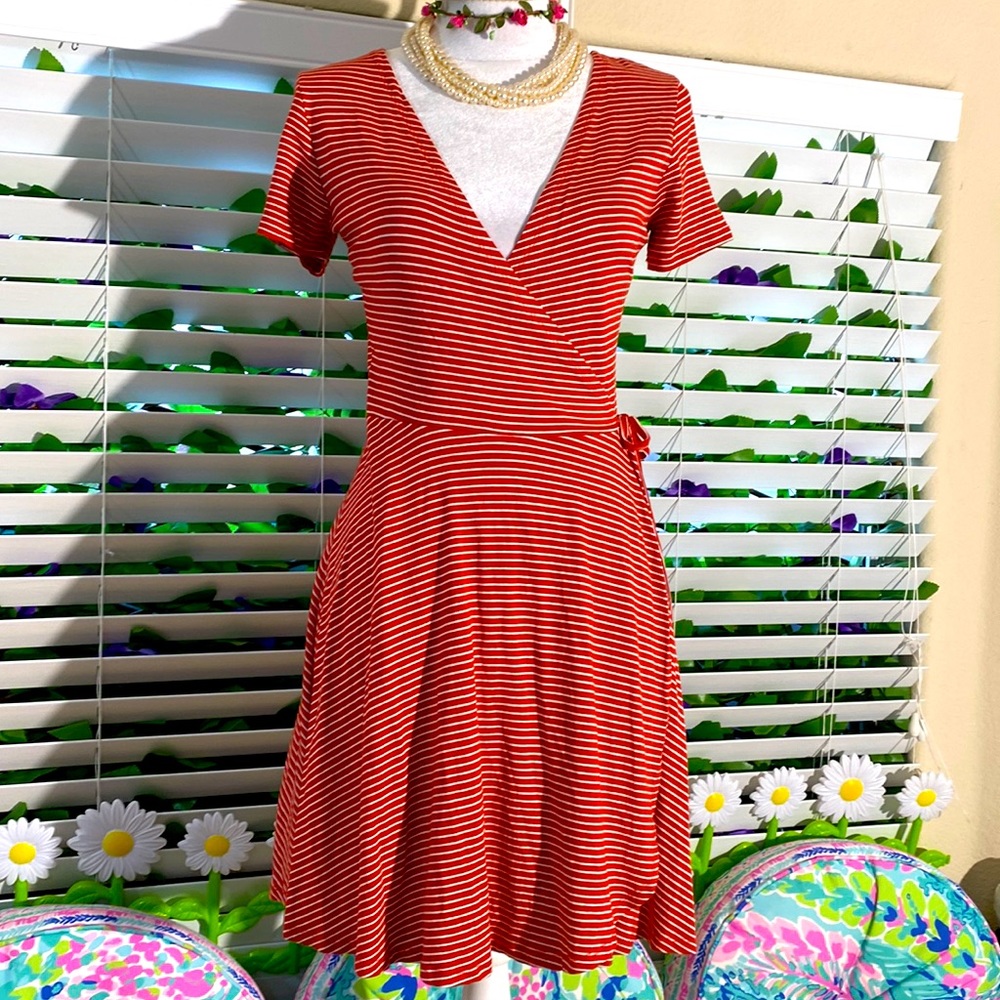 Mavi red and cream striped wrap dress